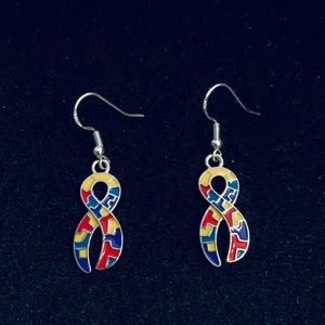 Autism Awareness Ribbon silver dangle Earrings